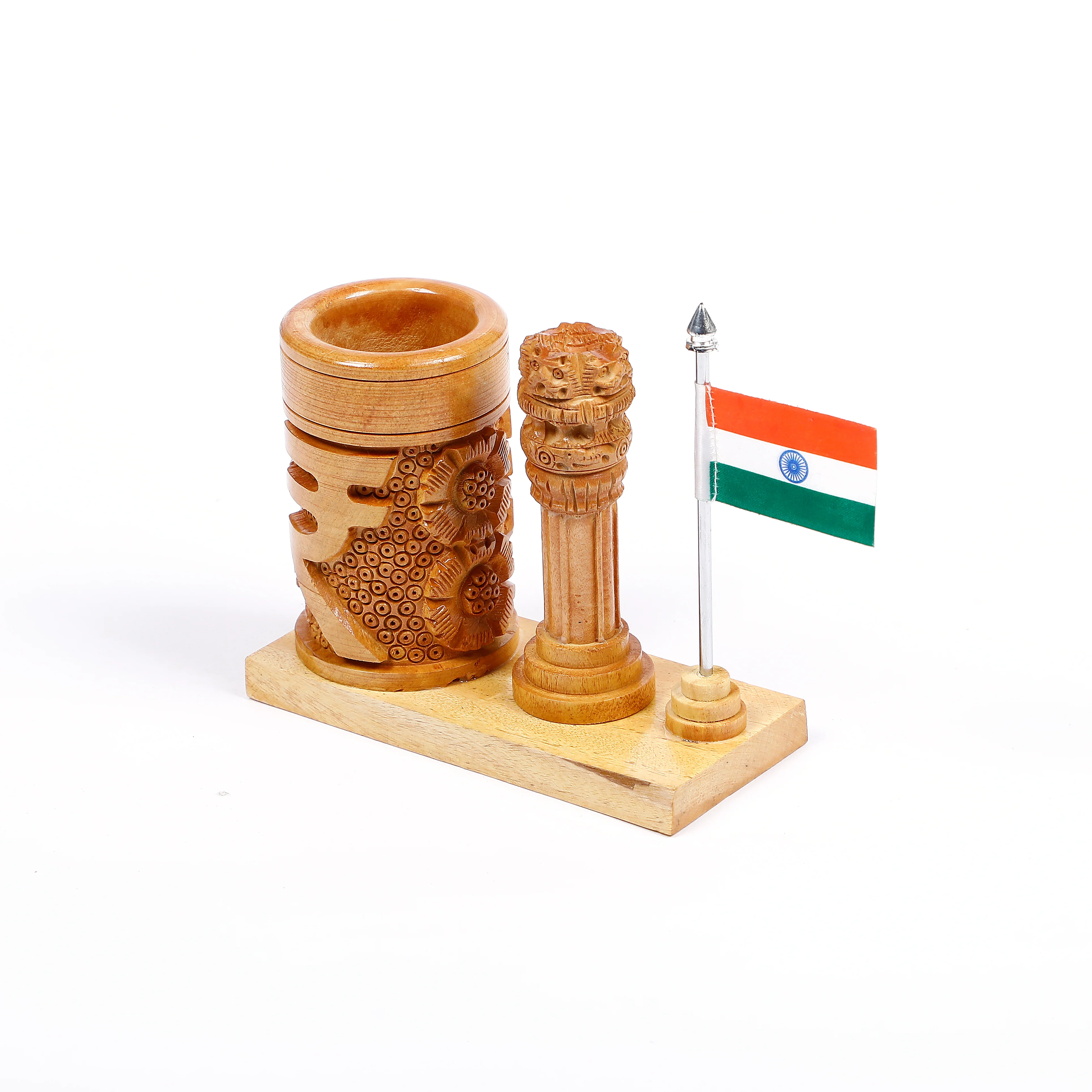 Wooden Ashoka Pillar Pen Holder with National Flag – Desk Organizer for Office & Home - Image 3