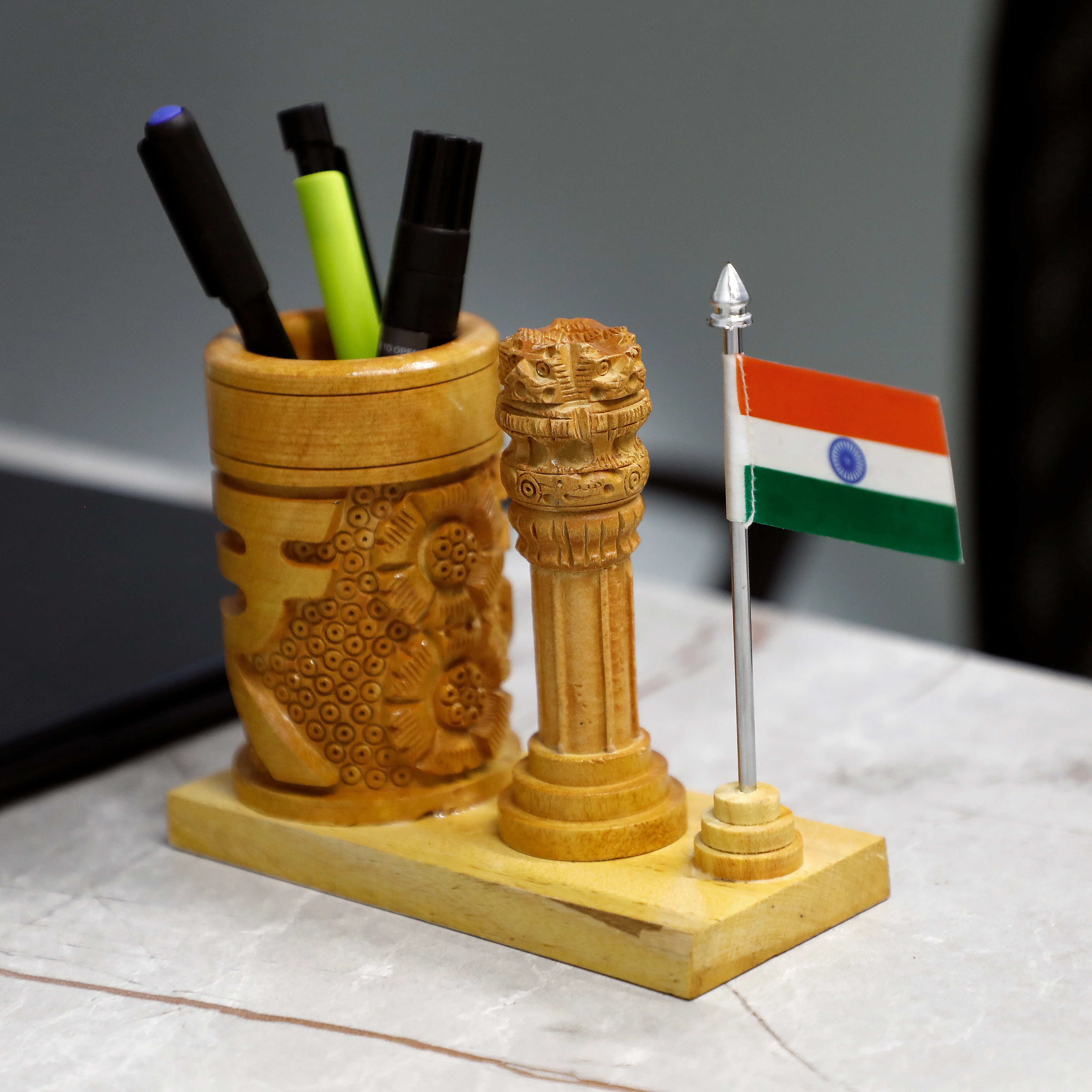 Wooden Ashoka Pillar Pen Holder with National Flag – Desk Organizer for Office & Home - Image 4