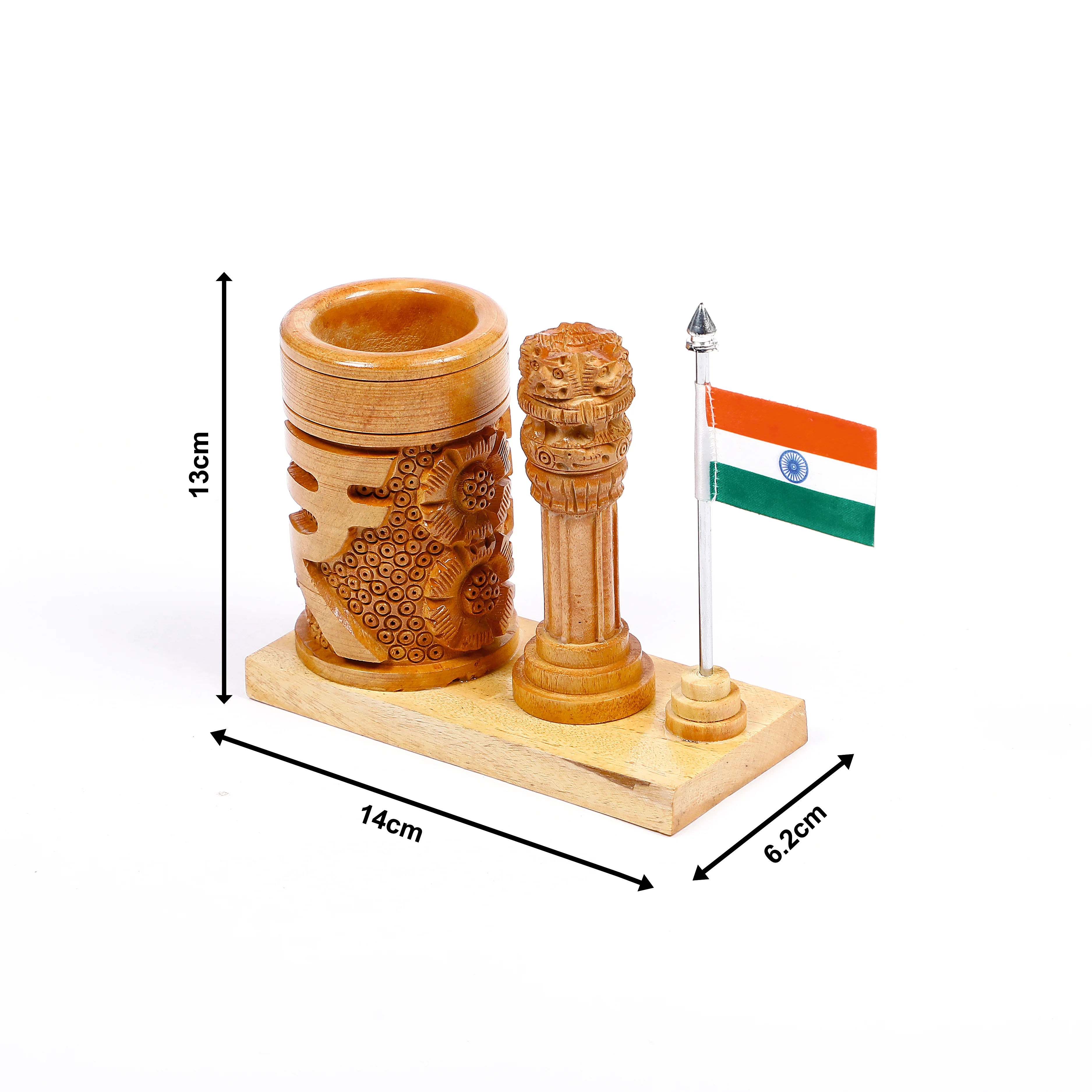 Wooden Ashoka Pillar Pen Holder with National Flag – Desk Organizer for Office & Home - Image 5
