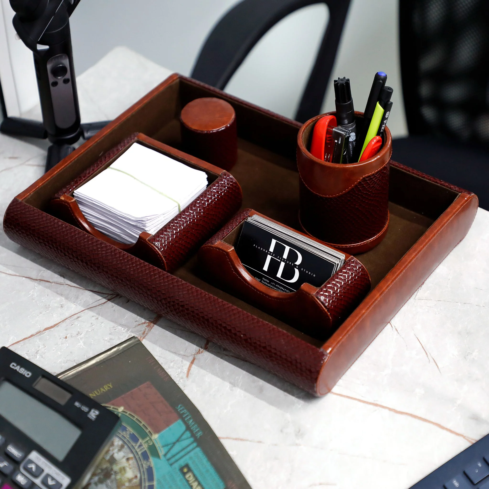 Vegan Leather Multipurpose Organizer – 6-in-1 Wooden Desk Storage Box | Brown - Image 3